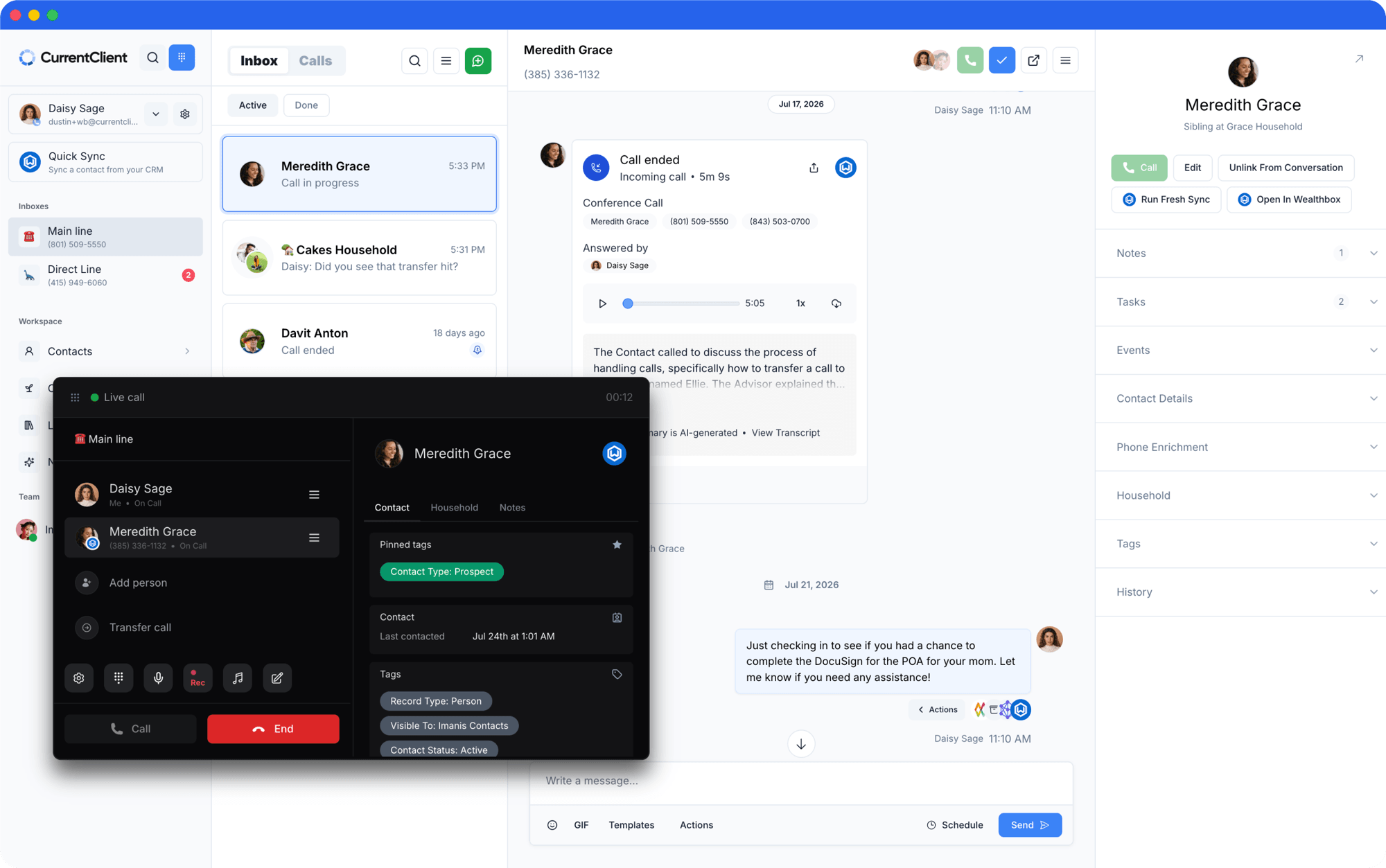 CurrentClient inbox interface
