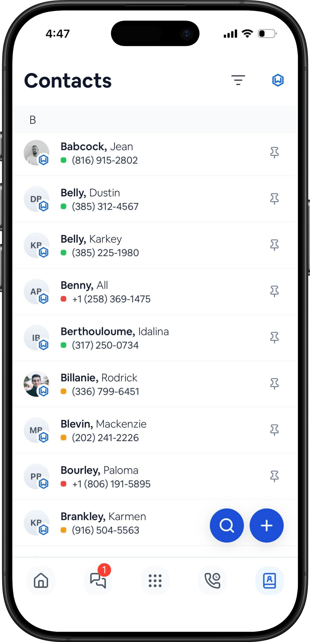 CurrentClient mobile app, contacts