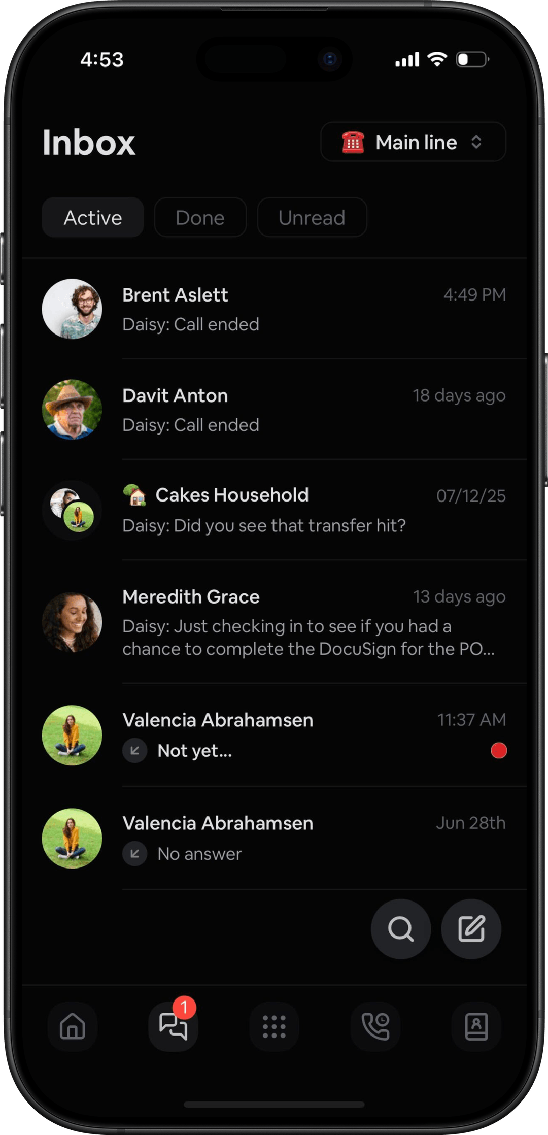 CurrentClient mobile app, inbox, dark